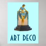 Art-Deco-Poster 17 Poster<br><div class="desc">Ein klassisches Deko Poster aus der Zeit des Stils und des Designs. Auf dem Poster befindet sich eine Statue aus Metall,  die auf einem Steinsockel montiert ist. Die Figur ist vor einer rechteckigen Lampenbox. Sie hat Material aus ihren Armen gezogen,  das die Kiste umrahmt.</div>