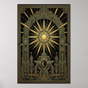 Art Deco Poster Celestial Sonne & Mond   Gold Geom