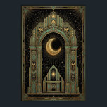 Art Deco Poster des Himmlischen Tempels | Goldene<br><div class="desc">Erheben Sie sich in Luxus mit dem "Aura Celestial" Grand Temple Poster. Dieses Meisterwerk zeigt eine majestätische Zikkurat mit einer großen zentralen Treppe, die zu einem strahlenden goldenen Sonnenausbruch aufsteigt. Das Design ist von komplizierten geometrischen Mustern und klassischen Bögen in einer anspruchsvollen Teal-, Gold- und Obsidian-Schwarz-Palette gerahmt.</div>
