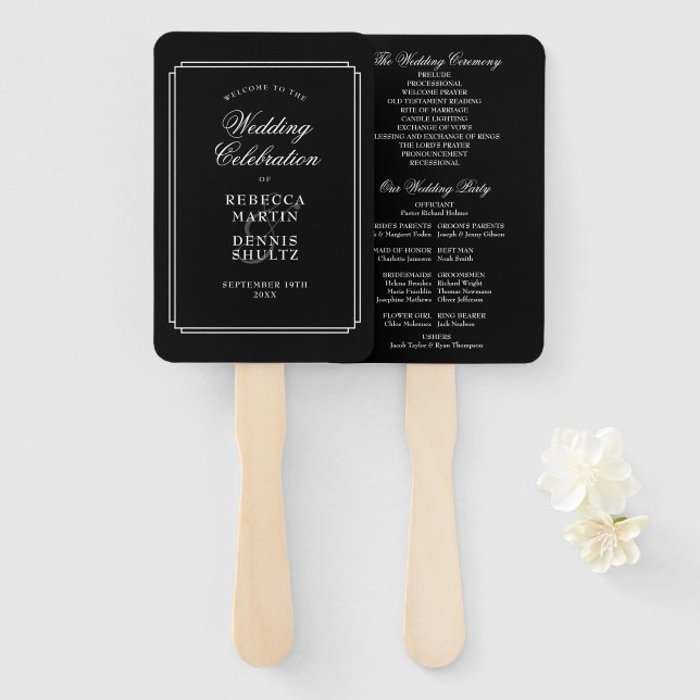Art-Déco-Programm für Hochzeiten in Schwarz und We Fächer (Vorne und Hinten)