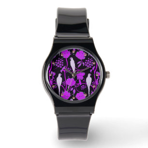 ART DECO PURPLE BLUMEN, WEISSE PARROTEN AUF SCHWAR ARMBANDUHR