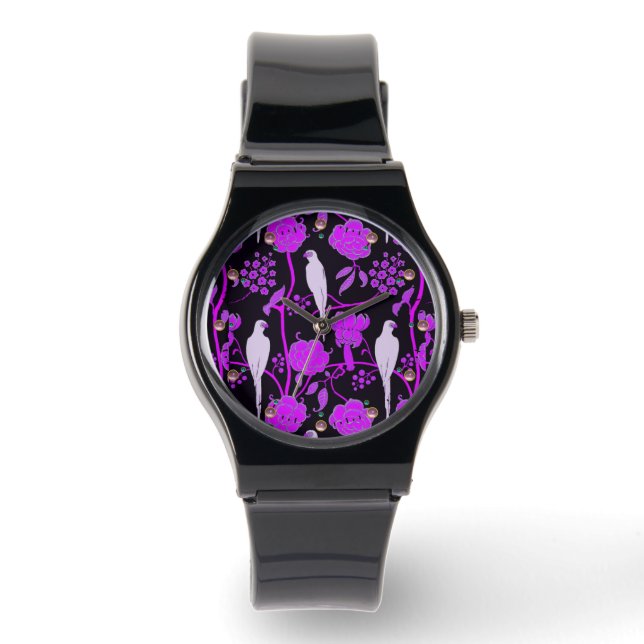 ART DECO PURPLE BLUMEN, WEISSE PARROTEN AUF SCHWAR ARMBANDUHR (Vorderseite)