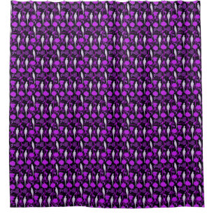 ART DECO PURPLE BLUMEN, WEISSE PARROTEN AUF SCHWAR DUSCHVORHANG