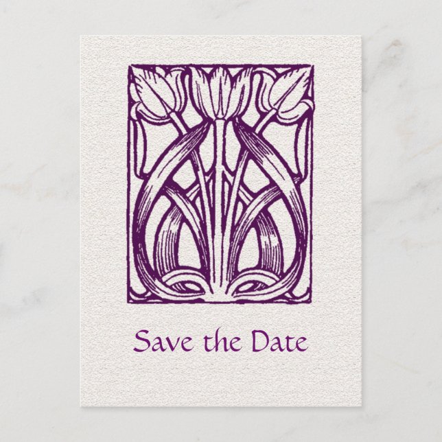 Art Deco Purple Tulips Save the Date Postkarte (Vorderseite)