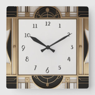 Art Deco Quadratuhr in Schwarz, Weiß und Gold Quadratische Wanduhr