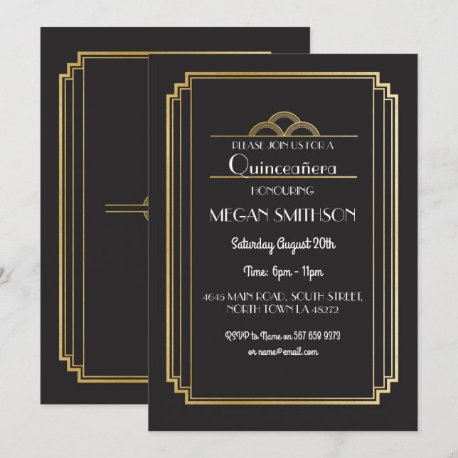 Art Déco Quinceanera Anniversaire Invitation Gold  (Devant / Derrière)