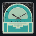 Art Deco Radiola (3 Grüntöne und ein Schwarz) Quadratische Wanduhr<br><div class="desc">Das originale Digitalbild auf dieser coolen Uhr wurde durch ein Art-Déco-Radio-Design der 30er Jahre inspiriert. Mit verschiedenen Schattierungstechniken,  um ein 3-D-Bakelite-Uhr-Set gegen eine schwarze Tapete mit wirbelndem weißen Kreismuster vorzuschlagen,  ist diese Wanduhr sicher,  Kommentare und Lob für Ihren guten Geschmack zu sammeln!</div>