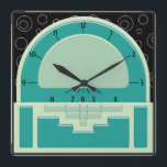 Art Deco Radiola (3 Grüntöne und ein Schwarz) Quadratische Wanduhr<br><div class="desc">Das originale Digitalbild auf dieser coolen Uhr wurde durch ein Art-Déco-Radio-Design der 30er Jahre inspiriert. Mit verschiedenen Schattierungstechniken, um ein 3-D-Bakelite-Uhr-Set gegen eine schwarze Tapete mit wirbelndem weißen Kreismuster vorzuschlagen, ist diese Wanduhr sicher, Kommentare und Lob für Ihren guten Geschmack zu sammeln!</div>