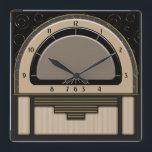 Art Deco Radiola (Latte, Griechenland, Schwarz, Go Quadratische Wanduhr<br><div class="desc">Das originale Digitalbild auf dieser coolen Uhr wurde sowohl durch ein Art Deco Radio-Design der 30er Jahre als auch durch die beliebte Glasuhr Franklin Golden Hour inspiriert. Mit verschiedenen Schattierungstechniken, um eine 3-D Bakelituhr vorzuschlagen, mit einem vergoldeten äußeren Glasrand und dann Set gegen ein schwarzes Tapete mit einem wirbelndem, dünnem...</div>