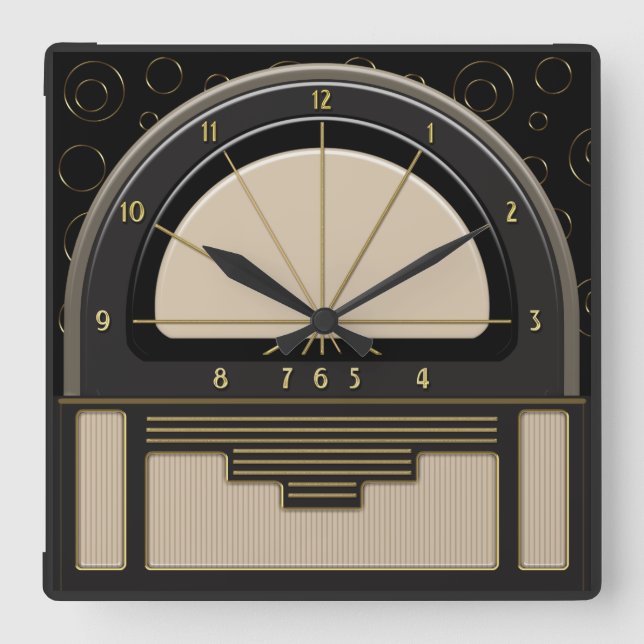Art Deco Radiola (Sand, Dunkelgrau, Schwarz, Gold) Quadratische Wanduhr (Vorderseite)