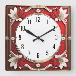 Art Deco Red Quadratische Wanduhr