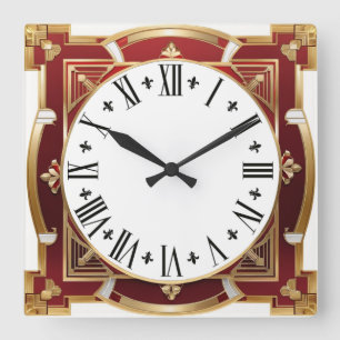 Art Deco Red Quadratische Wanduhr