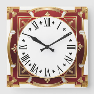 Art Deco Red Quadratische Wanduhr