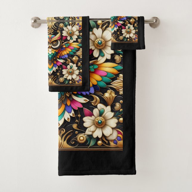 Art Deco Regenbogen-Eule Badhandtuch Set (Insitu)