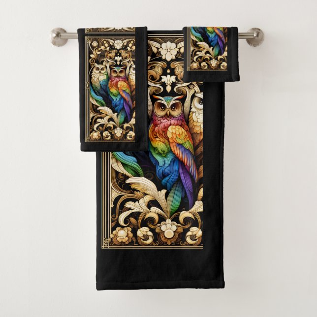 Art Deco Regenbogen-Eule Badhandtuch Set (Insitu)