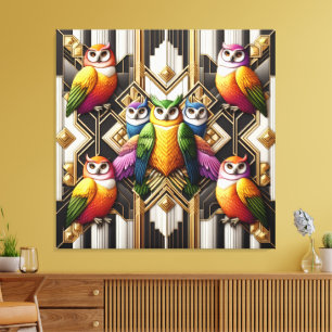 Art Deco Regenbogen-Eulen-Leinwanddruck Leinwanddruck