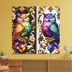 Art Deco Regenbogen-Eulen-Leinwanddruck Leinwanddruck