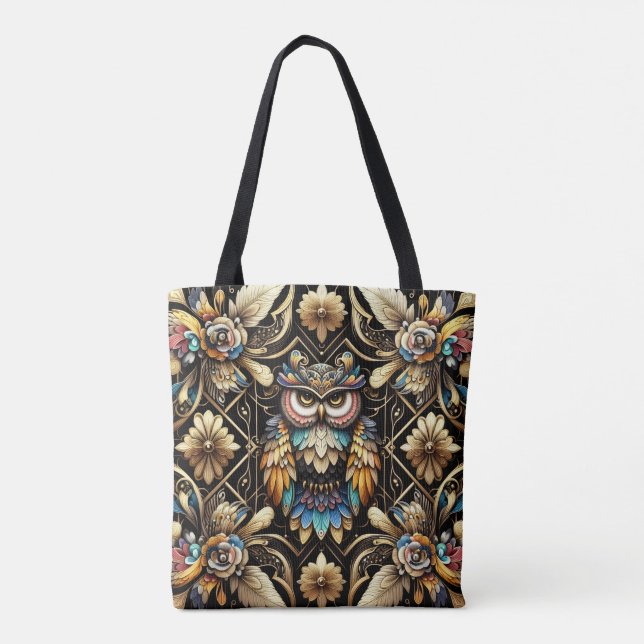 Art Deco Regenbogen-Eulen-Tragetasche Tasche (Rückseite)