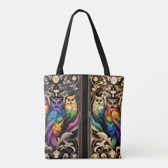 Art Deco Regenbogen-Eulen-Tragetasche Tasche (Rückseite)