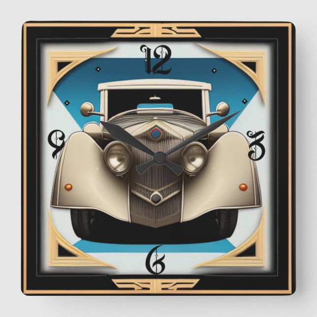 Art Deco Retro-Auto Quadratische Wanduhr (Vorderseite)
