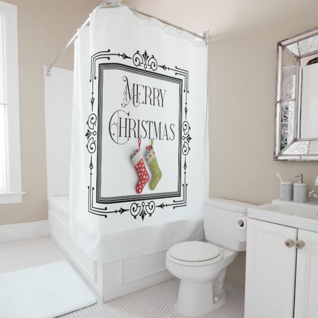 Art Deco Retro Frame Frohe Weihnachtsfeiern Strümp Duschvorhang (Beispiel)