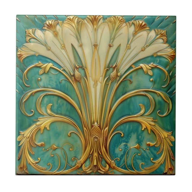 Art Deco Retro Gold Turquoise Trumpet Flower Fliese (Vorderseite)
