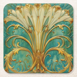 Art Deco Retro Gold Turquoise Trumpet Flower Rechteckiger Pappuntersetzer