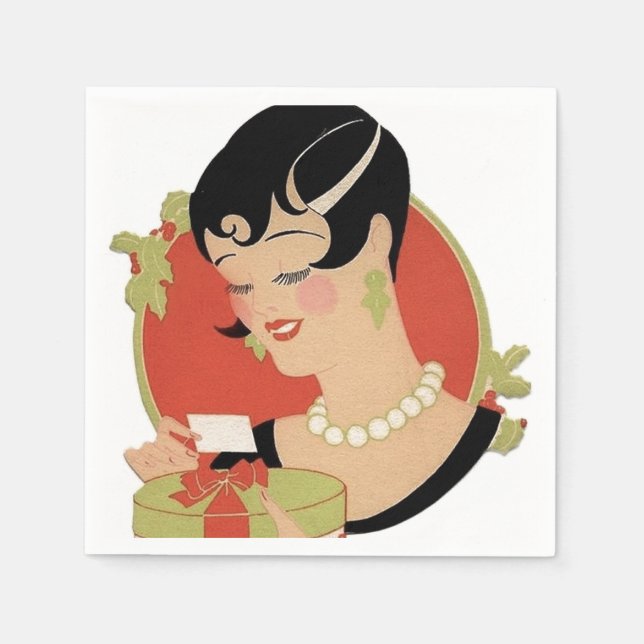 Art Deco Retro-Jahrgang Weihnachts-Party Lady Serviette (Vorderseite)