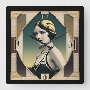 Art Deco Retro-Mädchen Quadratische Wanduhr