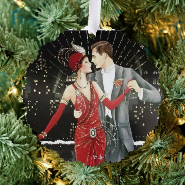 Art Deco Retro Weihnachtspaar Ornament Karte (Insitu (Baum))