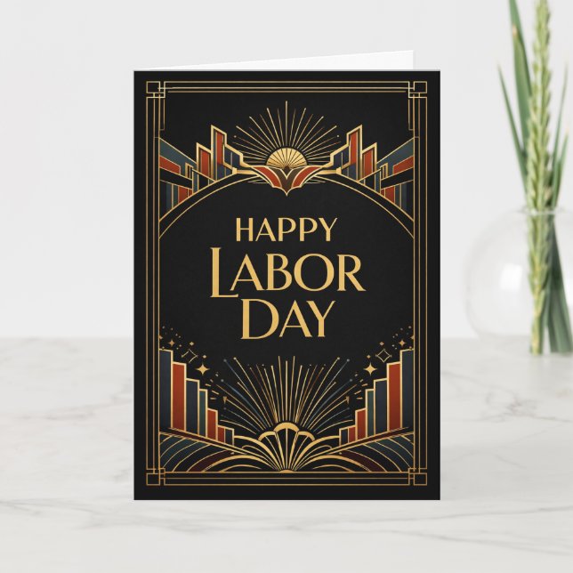 Art Deco Rising City Happy Labor Day Karte (Vorderseite)