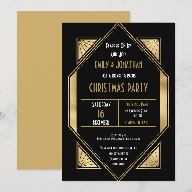 Art Deco Roaring 1920er Gold Black Christmas Party Einladung (Vorne/Hinten)