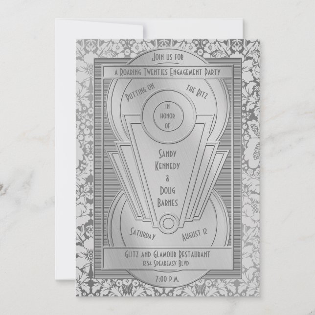 Art Deco Roaring 20 Silver Engagement Party Einladung (Vorderseite)