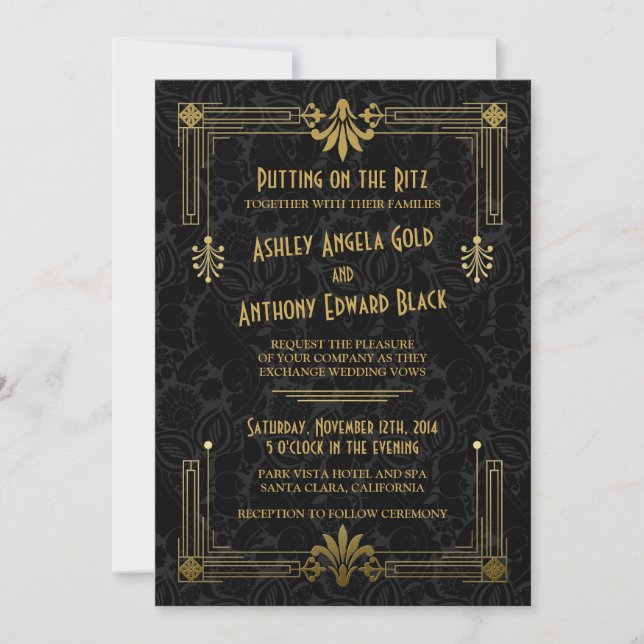 Art Deco Roaring 20er Black Gold Hochzeit Einladun Einladung (Vorderseite)