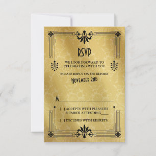 Art Deco Roaring 20er Black Gold Wedding RSVP Card