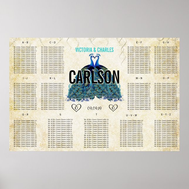 Art Deco Roaring 20er Gatsby Peacock Seating Chart Poster (Vorne)