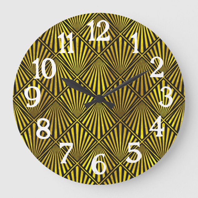 Art Deco Roaring 20er Jahre Schwarzes Gold Große Wanduhr (Vorderseite)