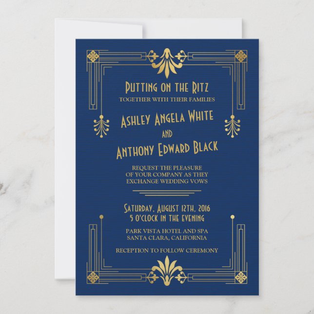 Art Deco Roaring 20er Navy Gold Hochzeit Einladung (Vorderseite)