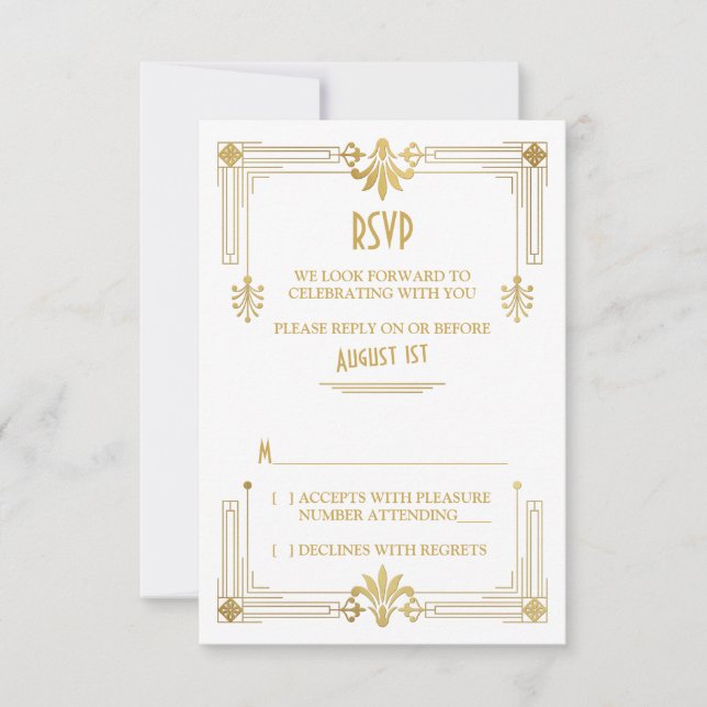 Art Déco Roaring 20s Gold White Wedding Carte RSVP (Devant)