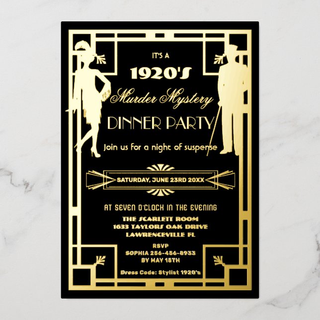Art Deco Roaring 20s Murder Mystery Party Real Folieneinladung (Vorderseite)