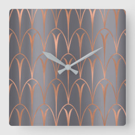 Art Deco Rose Gold Copper Geometrie Grau Quadratische Wanduhr