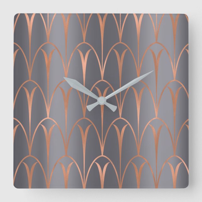 Art Deco Rose Gold Copper Geometrie Grau Quadratische Wanduhr (Vorderseite)