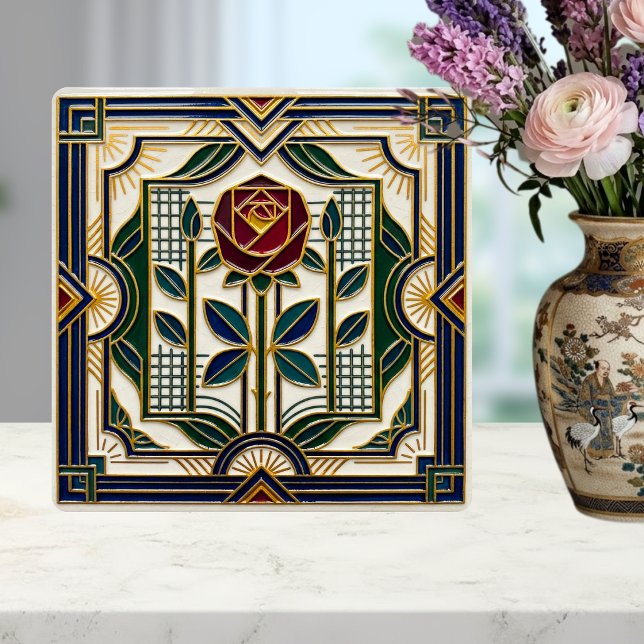 Art Deco Rose Red Blue Green Gold Floral Art Tile Fliese (Von Creator hochgeladen)