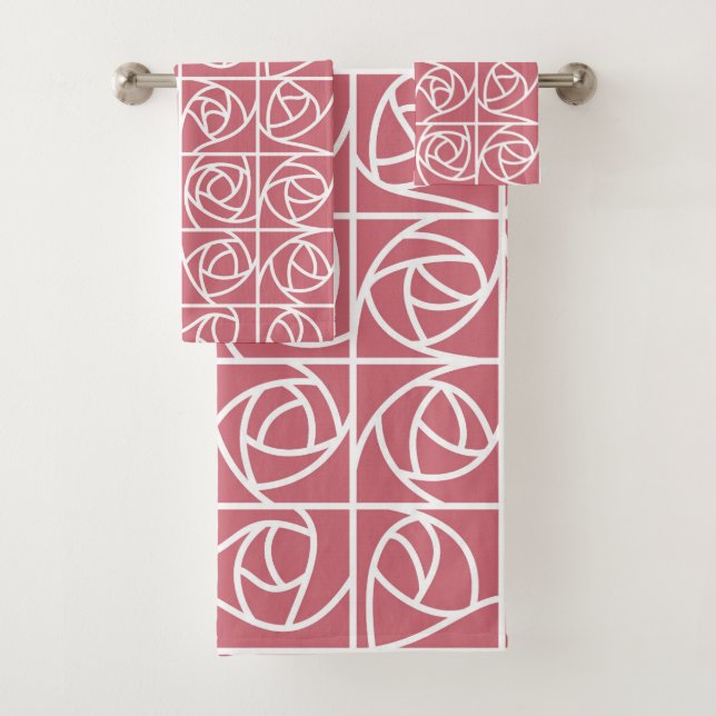 Art Deco Rose Squares Stilvolles Blumenrosa Badhandtuch Set (Insitu)
