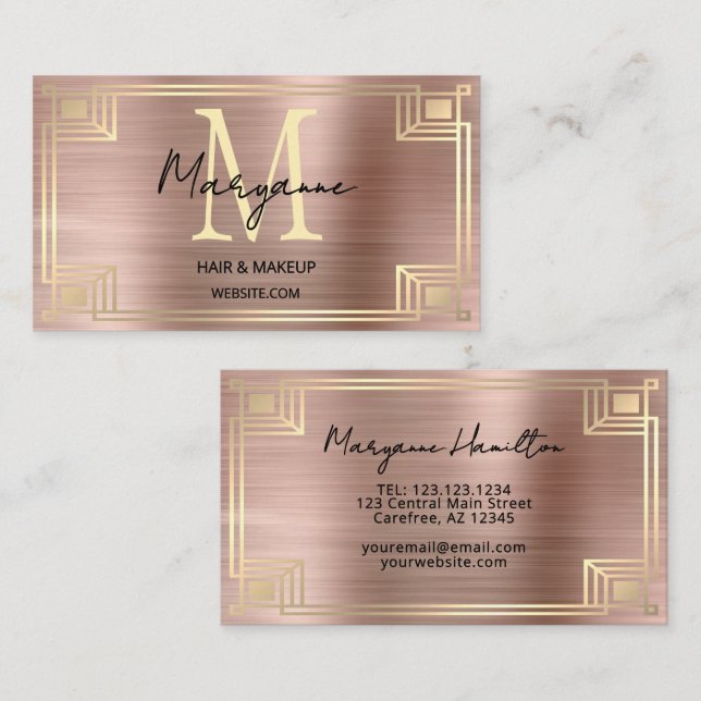 Art Deco Roségold-Monogramm Visitenkarte (Vorne/Hinten)