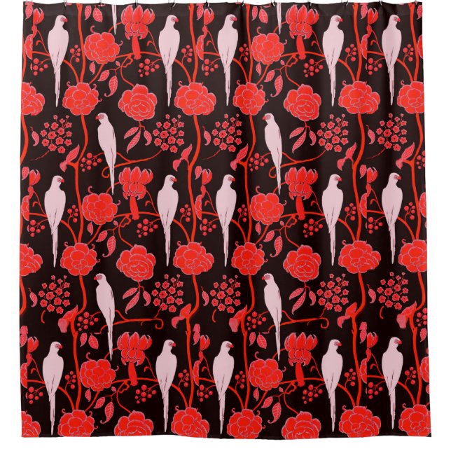ART DECO ROTE BLUME, WEISSE PARROTEN DUSCHVORHANG (Vorderseite)