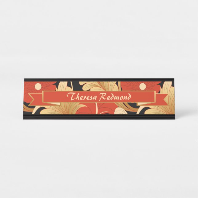 Art Deco Rote Poppies Personalisiert Schreibtischnamensplakette (Vorderseite )