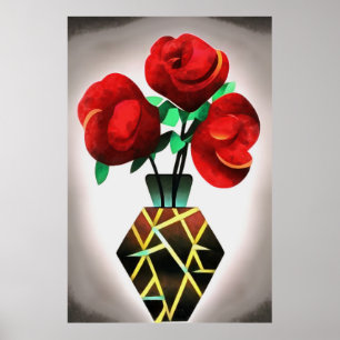 Art-Deco-Rote Rosen im Vase Abstrakt Art Poster