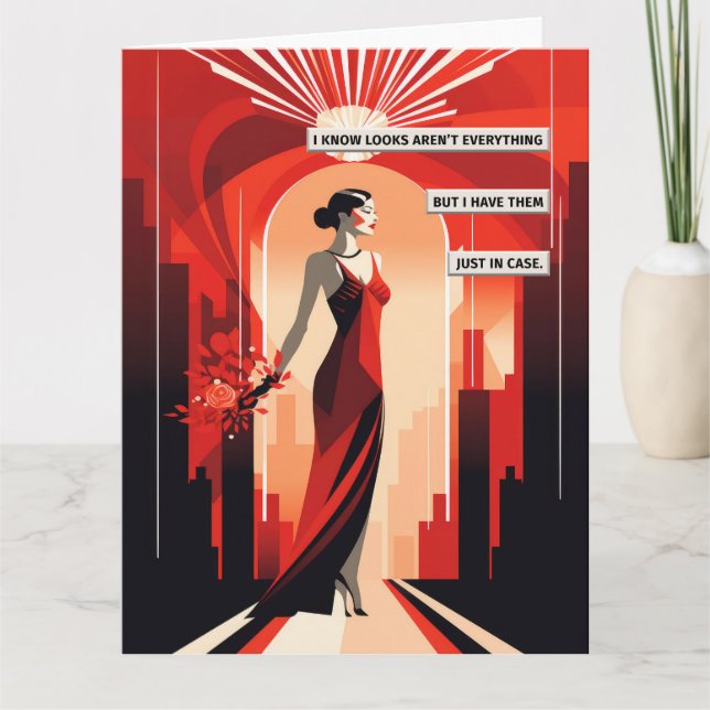 Art Deco Rotes Kleid Frau Karte (Vorderseite)