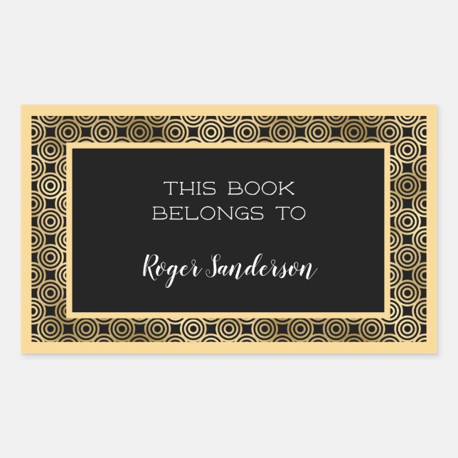 Art Deco Runden Schwarz-Gold-Foil-Buchzeichen Rechteckiger Aufkleber (Vorderseite)